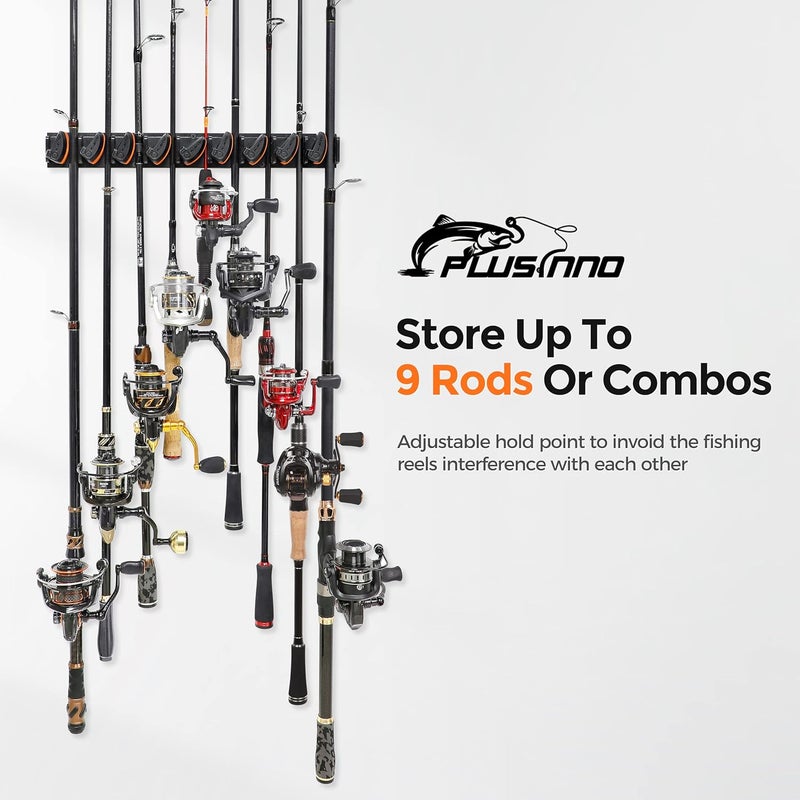PLUSINNO V9 Vertical Fishing Rod Holders, Wall Mounted Fishing Pole Holders, Fishing Rod Rack Holds Up to 9 Rods or Combos, Fishing Rod Holders for Garage,Fishing Gear and Gifts for Men - Image 2